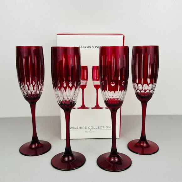 Williams Sonoma Jewel Cut Wilshire Collection Set of 4 Red Champagne Flutes NEW - Picture 1 of 10